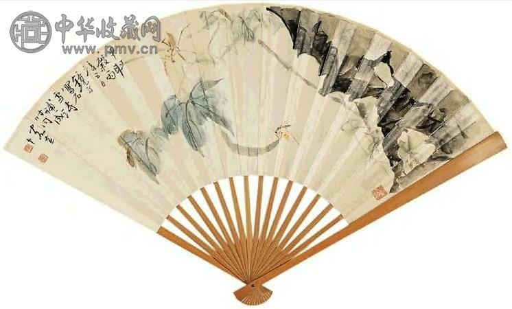 王雪涛 吴镜汀 1944年作 丝瓜草虫 成扇 设色纸本