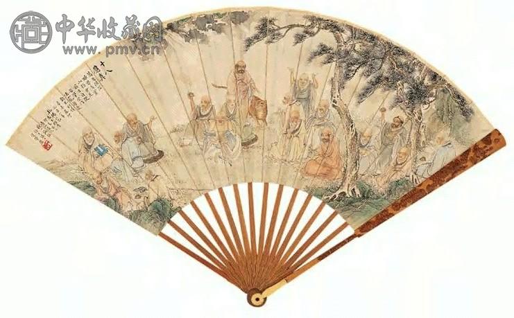 钱一海 己巳(1929)、辛未(1931) 十八应真 行书 扇面 设色纸本