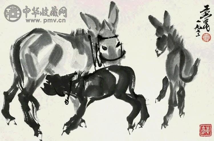 黄胄 1973年 三驴图 镜心 水墨纸本