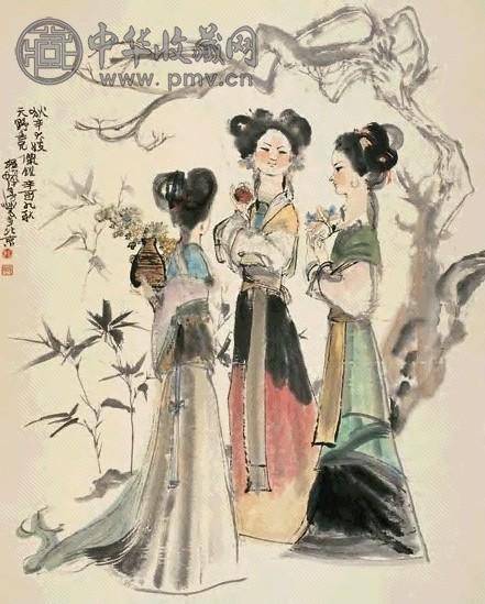 程十发 辛酉(1981)年作 持花少女 立轴 设色纸本