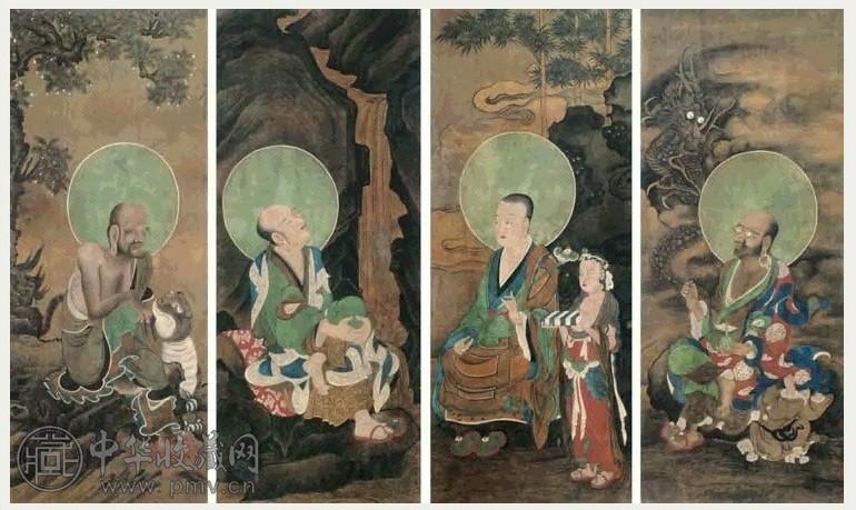 戴文进 罗汉 四条屏 设色