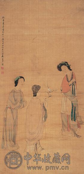 奚湘 折梅仕女 立轴 绢本