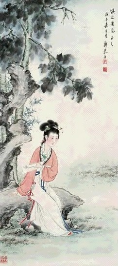 郑慕康 1978年作 桐荫秋读 立轴 设色纸本