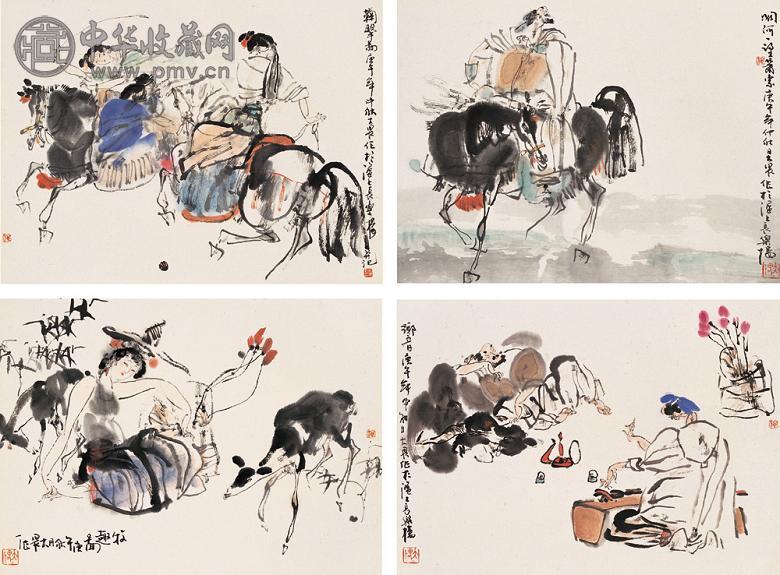 施大畏 庚午(1990)、辛未(1991年)作 人物故事 册页(10开选4) 设色纸本