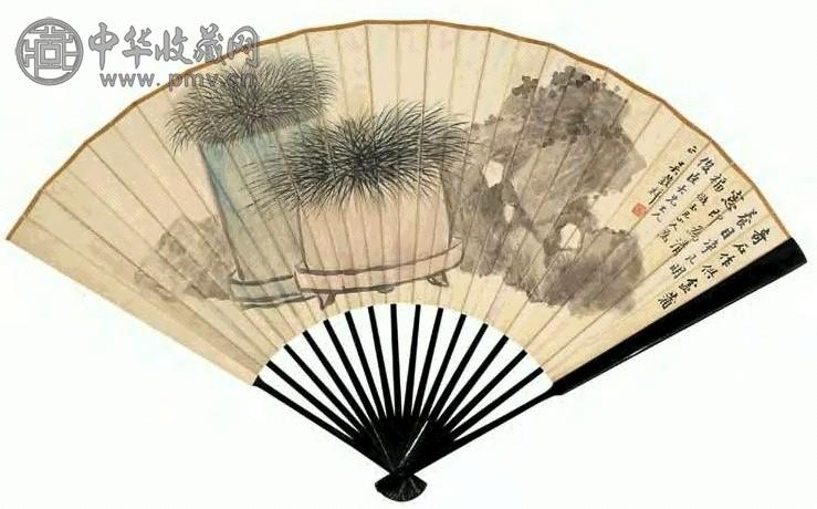 吴穀祥 石供清福 行书 扇面 设色纸本