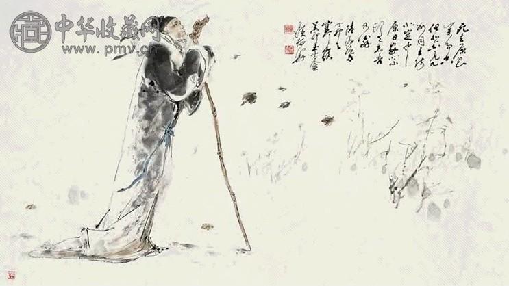 颜梅华 1987年作 陆放翁造像 镜心 设色纸本