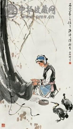 宋吟可 1966年作 织网少女 轴 设色纸本