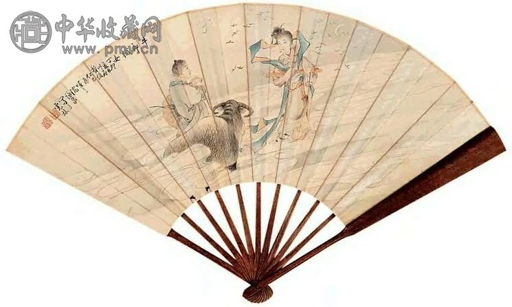 沈泳泉 牛郎织女 成扇 设色纸本