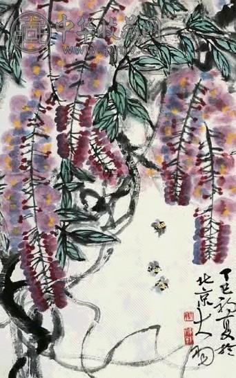陈大羽 1977年作 紫藤蜜蜂 镜心 设色纸本