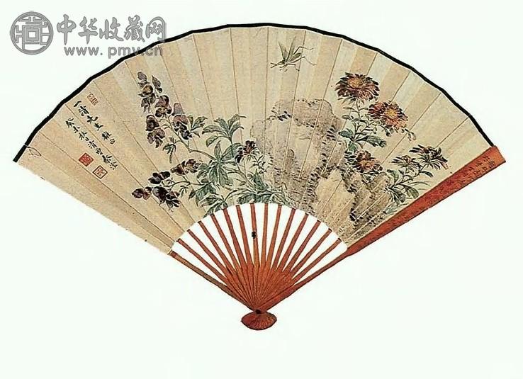 秦淦 近现代 花卉草虫、行书 扇面