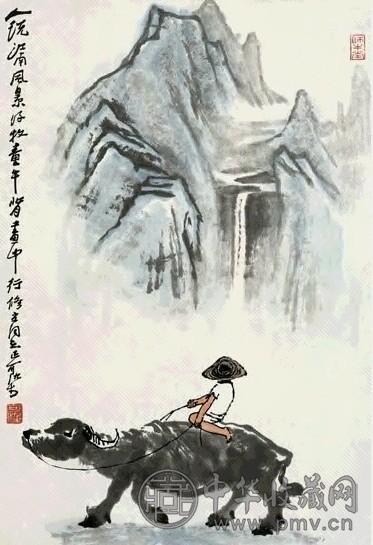 李可染 牧童画中行 立轴 设色纸本