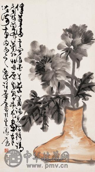 许麟庐 墨牡丹 立轴 设色纸本