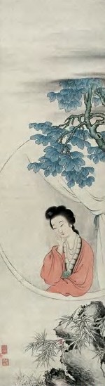 郑慕康 近代 倚窗吟诗图 立轴 设色纸本