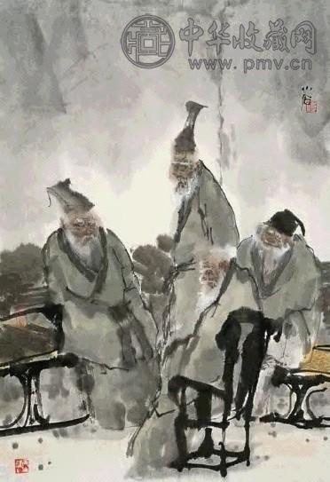 傅小石 四老图 立轴 设色纸本