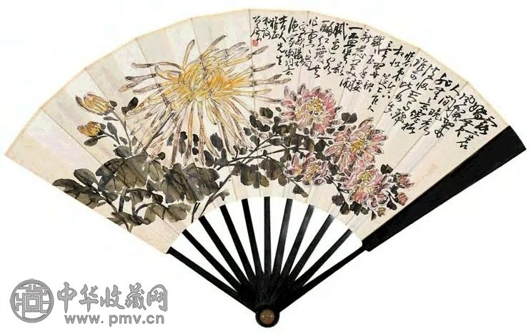 谢公展 秋英傲霜图并行书 成扇 设色纸本