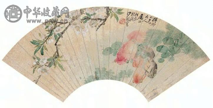 沙馥 1868年 桃花金鱼 扇面 洒金设色
