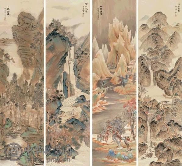 温其球 四季山水屏 四屏 设色纸本