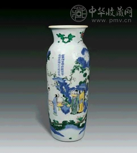 明崇祯 青花五彩人物故事纹筒瓶