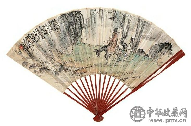 高峻 1927年作 山水人物 扇面 设色笺本