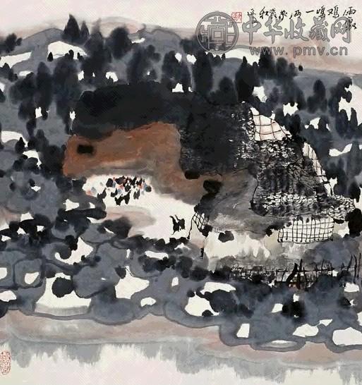 杨延文 雨村鸡唱 立轴 设色纸本