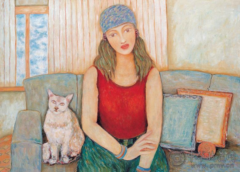 陈活活 宠物猫的女主人 布面 油画
