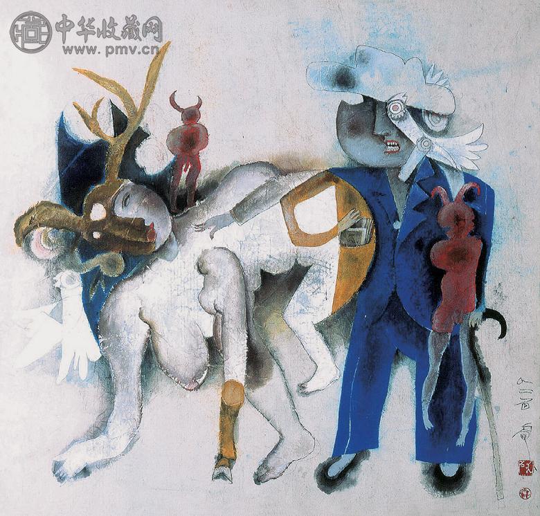 石虎 1992年作 鹿人图 重彩 重彩