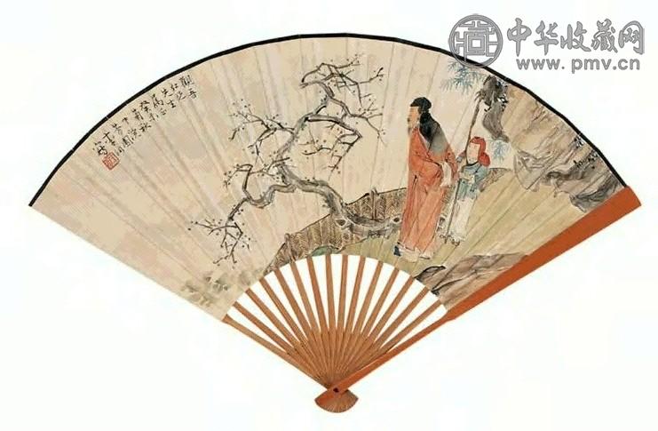 李芳园 黄葆戉 罗浮高地士图 隶书 成扇 设色洒金笺