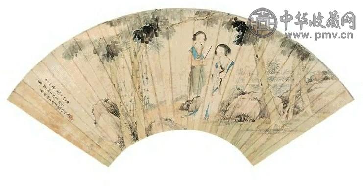 吴青霞 梧桐仕女 扇面 设色纸本