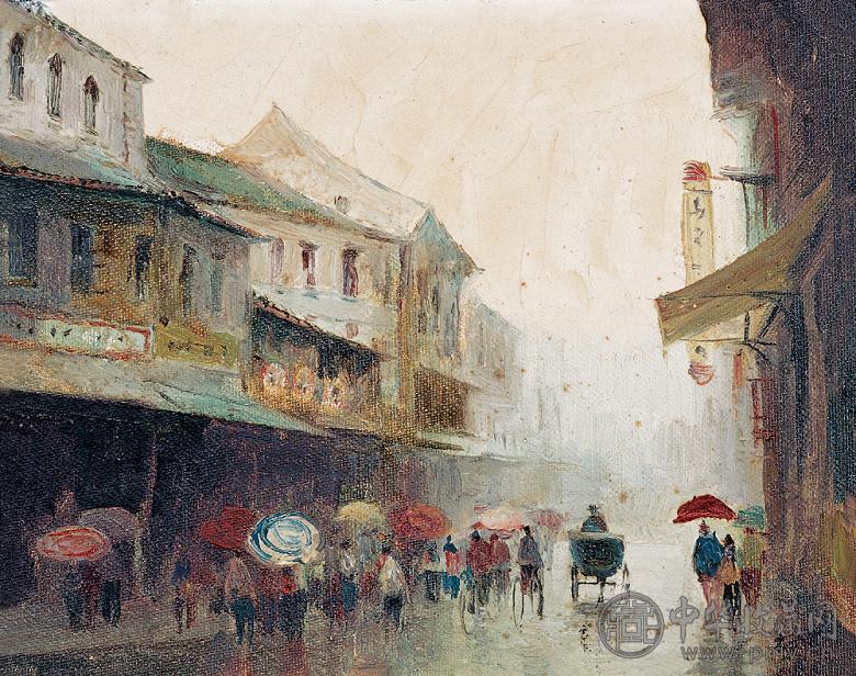 陈初电 80年代作 雨景 油彩 纸板