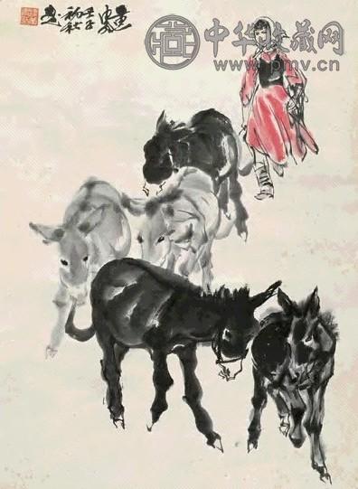 黄冑 1972年作 赶驴图 立轴 设色纸本