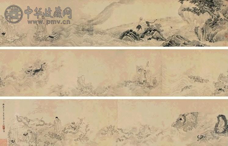 丁云鹏 白描罗汉图 手卷 水墨纸本