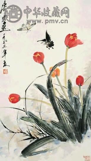 唐云 1977年作 花间蝴蝶图 立轴 设色纸本