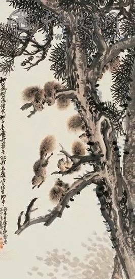 吴昌硕 丙辰(1916)年作 群鼠闹枝 立轴 设色纸本