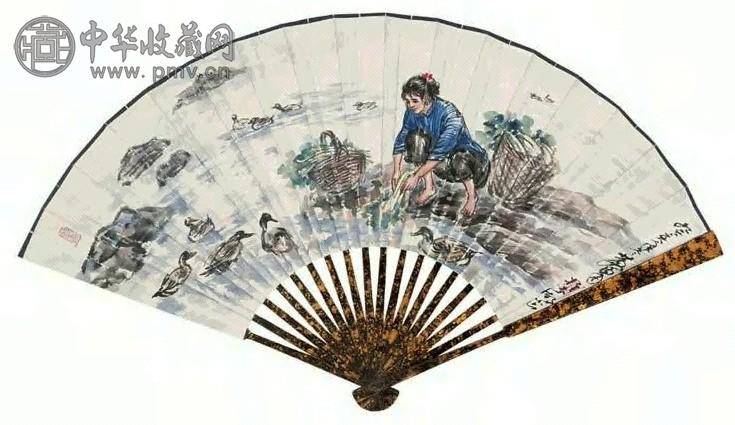 黄冑 洗菜图 扇面 设色纸本