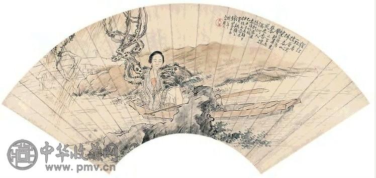 钱慧安 1895年作 春溪泛舟 扇面 设色纸本