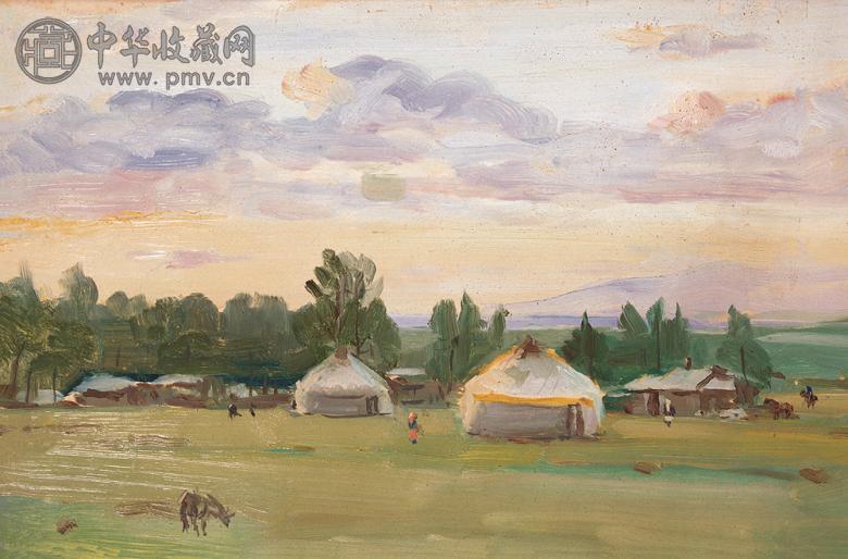 黎冰鸿 军用马场 纸板油画