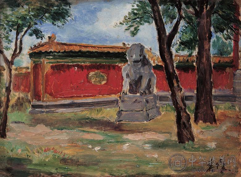 胡善余 红墙外的风景 纸板 油画