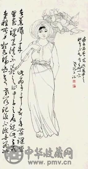 周昌谷 采蕉归来图镜心白描纸本