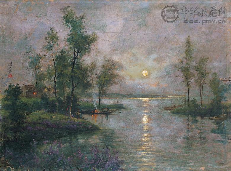 颜文樑 月光 木板 油画