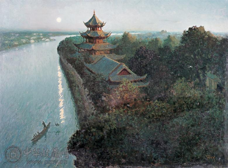 何哲生 1990年作 泯江望月楼 布面 油画