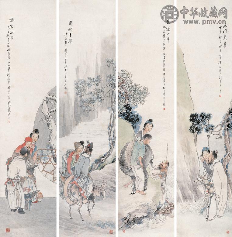 钱慧安 1905年作 历代人物故事 四屏 设色纸本