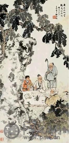 沈子丞 1988年作 三老文会图 镜心 设色纸本