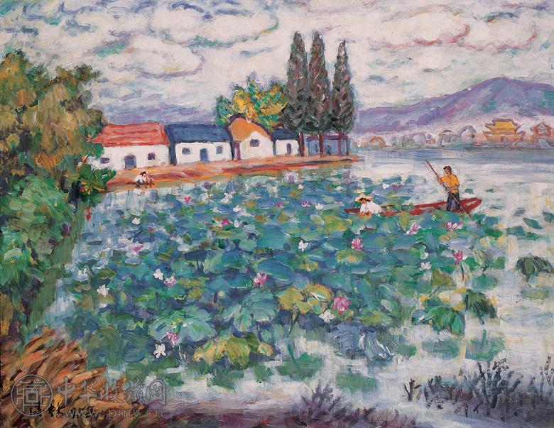 王流秋 1995年 西湖采莲 布面 油画