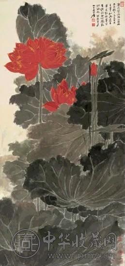 张大千 戊寅(1938)年作 红荷 立轴 设色纸本