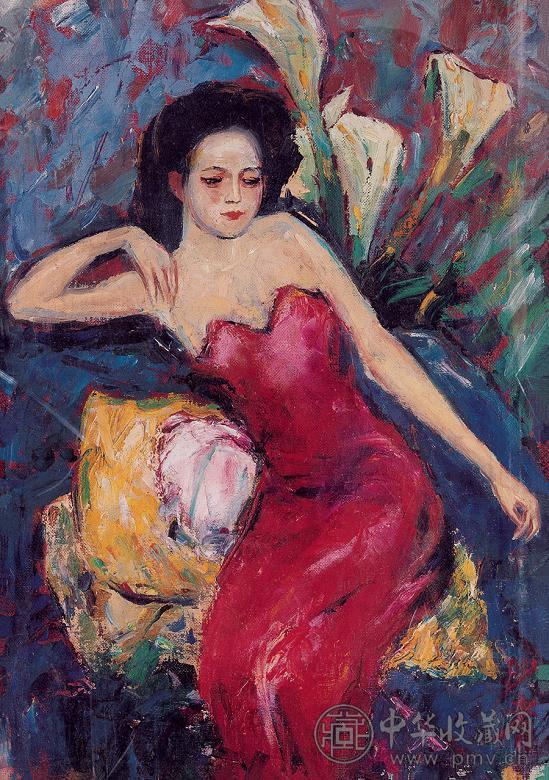 沙耆 红衣女 布面 油画