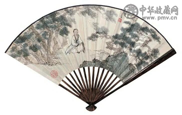 溥儒 山月吟松、楷书 成扇 设色纸本