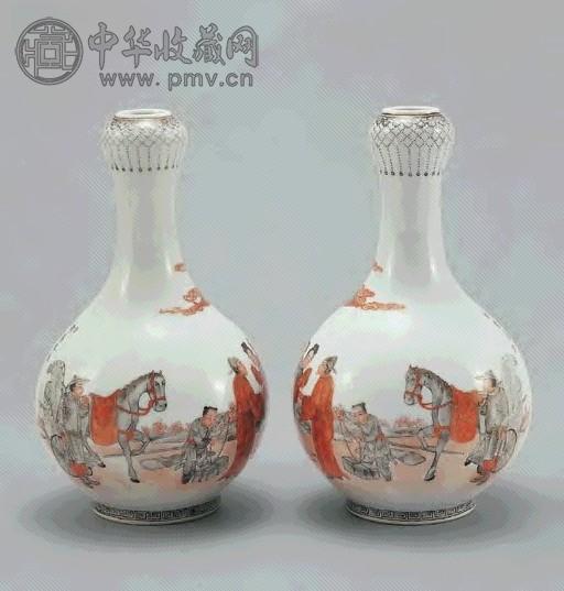 民国 粉彩人物纹蒜头口瓶(1对)