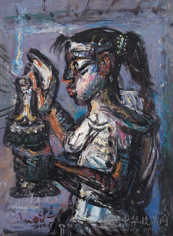 罗中立 2005年作 故乡情之掌灯少女 纸面 油画