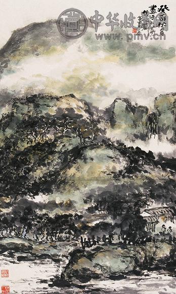 朱屺瞻 癸酉(1993年)作 青山绿水 立轴 设色纸本