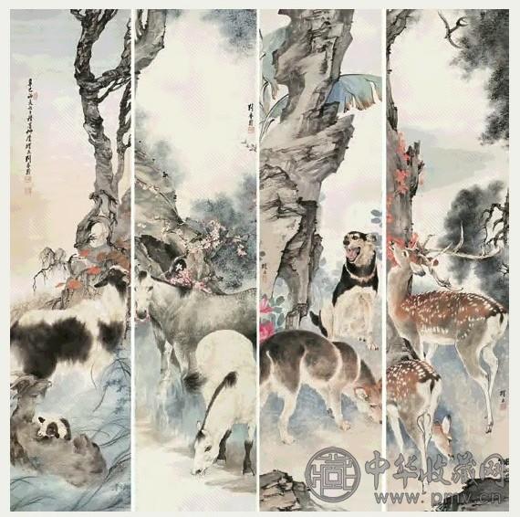 刘奎龄 1941年 动物四种 四件 屏 设色纸本